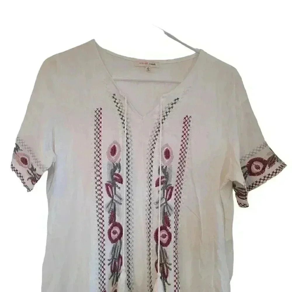Orange Creek Women's White Rayon/Linen w Colorful Floral Embroidered Tunic Dress - Picture 2 of 13